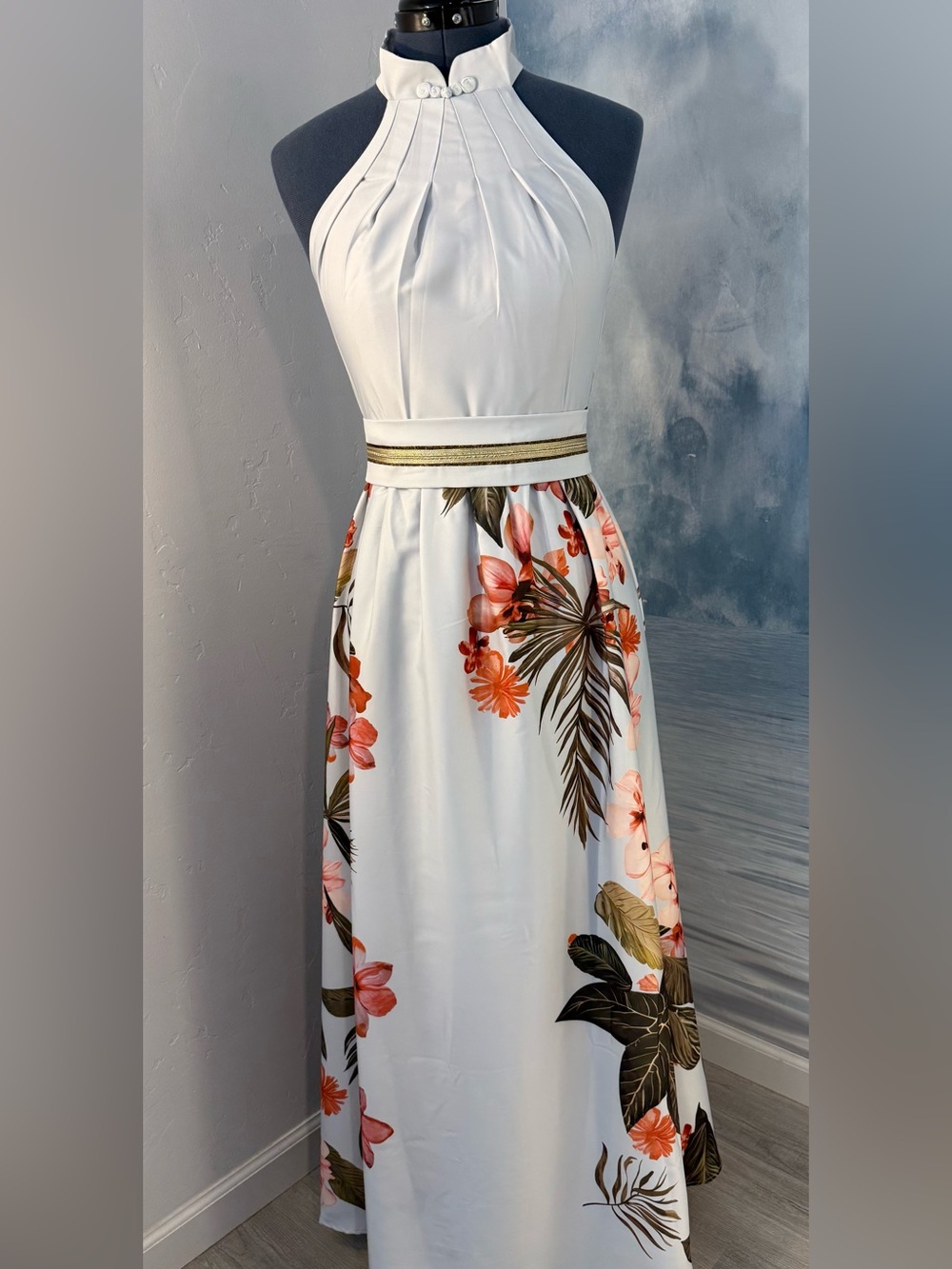 Gray Halter Maxi Skirt with Tropical Floral Print#351